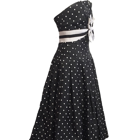 Vintage Victor Costa Navy & White Polka Dot Cocktail Dress - Picture 4 of 10